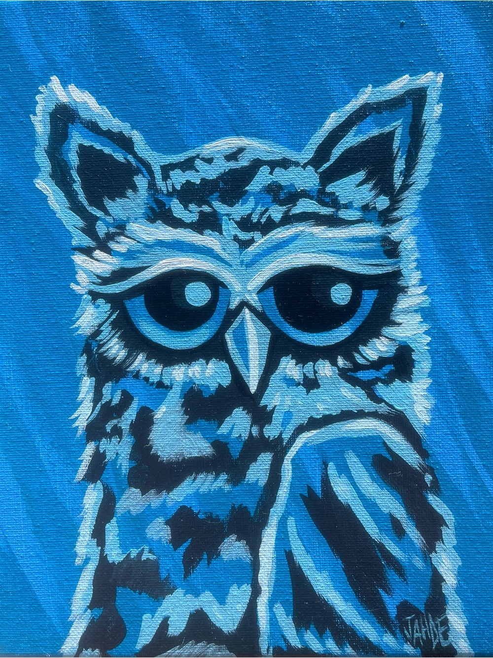 Blue Owl Canvas Art - Original Painting by Jahde Art. 8”x10”. Acrylic on Canvas.